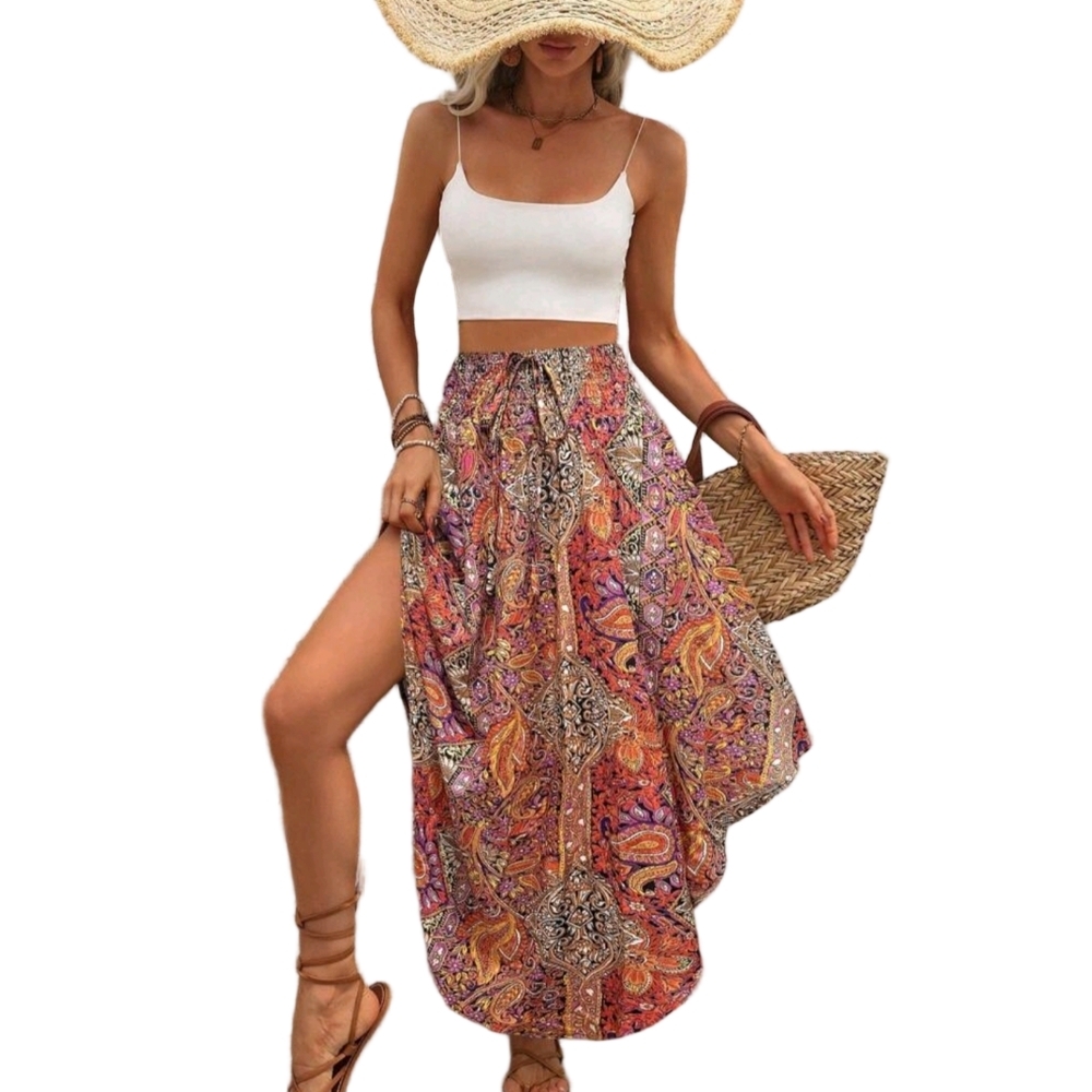 Boho Skirt Swimsuit Coverup Bohemian Paisley Hi-Lo Lightweight Skirts - Picture 4 of 6